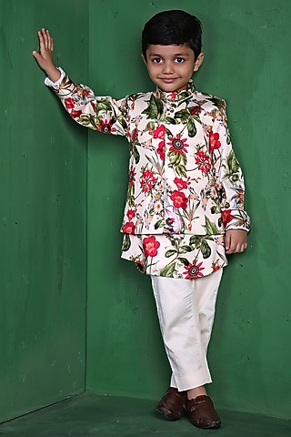 Cream Modal Satin Printed Nehru Jacket Set For Boys by Tiny Town Studio