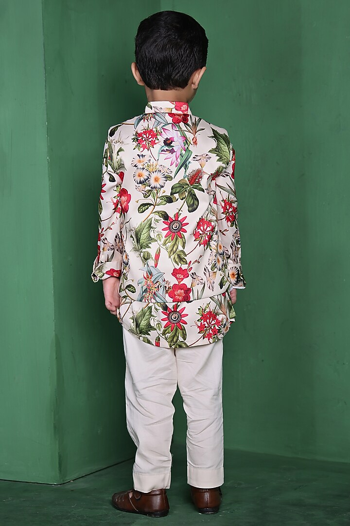 Cream Modal Satin Printed Nehru Jacket Set For Boys by Tiny Town Studio at Pernia's Pop Up Shop