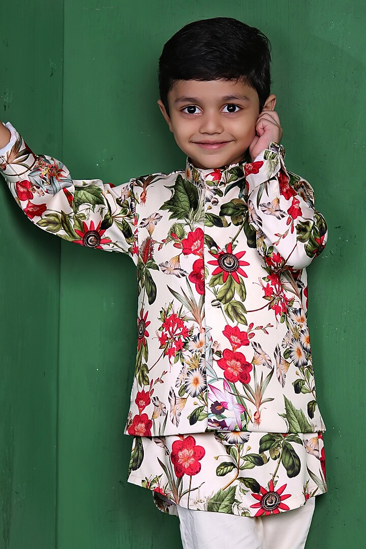 Cream Modal Satin Printed Nehru Jacket Set For Boys by Tiny Town Studio at Pernia's Pop Up Shop