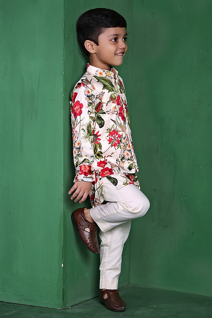 Cream Modal Satin Printed Nehru Jacket Set For Boys by Tiny Town Studio at Pernia's Pop Up Shop