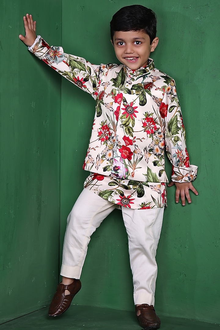 Cream Modal Satin Printed Nehru Jacket Set For Boys by Tiny Town Studio at Pernia's Pop Up Shop