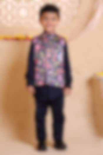 Navy Blue Modal Satin Printed Nehru Jacket Set For Boys by Tiny Town Studio at Pernia's Pop Up Shop
