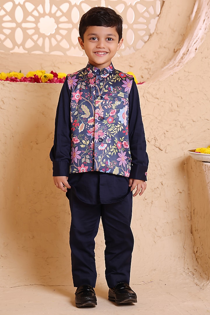 Navy Blue Modal Satin Printed Nehru Jacket Set For Boys by Tiny Town Studio at Pernia's Pop Up Shop