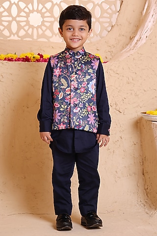 Navy Blue Modal Satin Printed Nehru Jacket Set For Boys by Tiny Town Studio