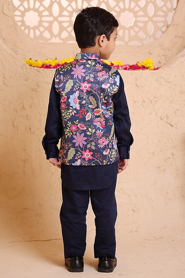 Navy Blue Modal Satin Printed Nehru Jacket Set For Boys by Tiny Town Studio at Pernia's Pop Up Shop