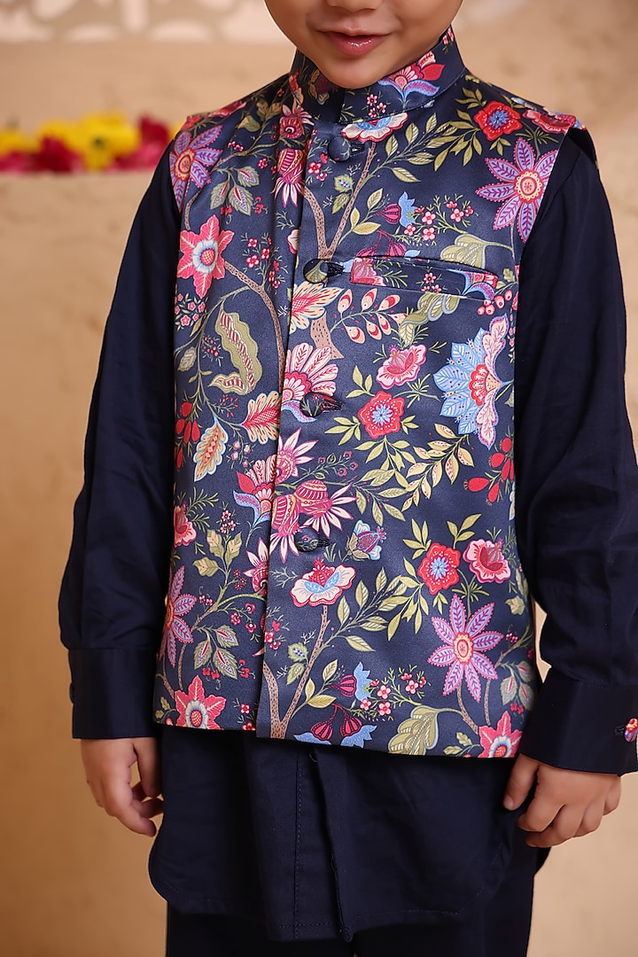 Navy Blue Modal Satin Printed Nehru Jacket Set For Boys by Tiny Town Studio at Pernia's Pop Up Shop