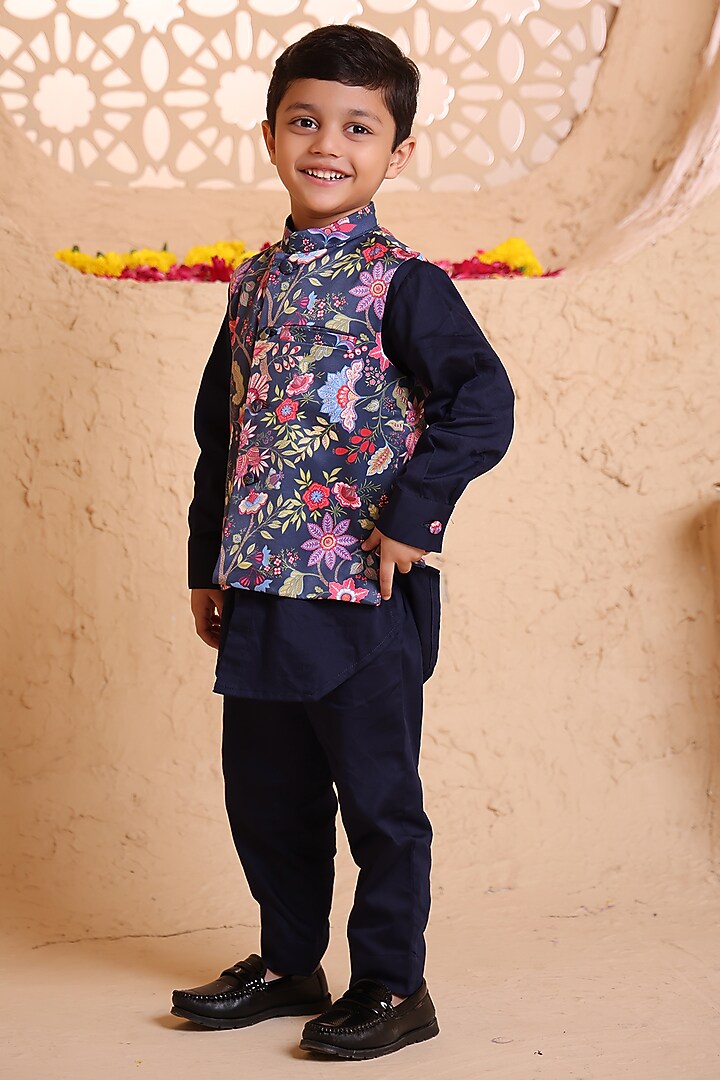 Navy Blue Modal Satin Printed Nehru Jacket Set For Boys by Tiny Town Studio at Pernia's Pop Up Shop