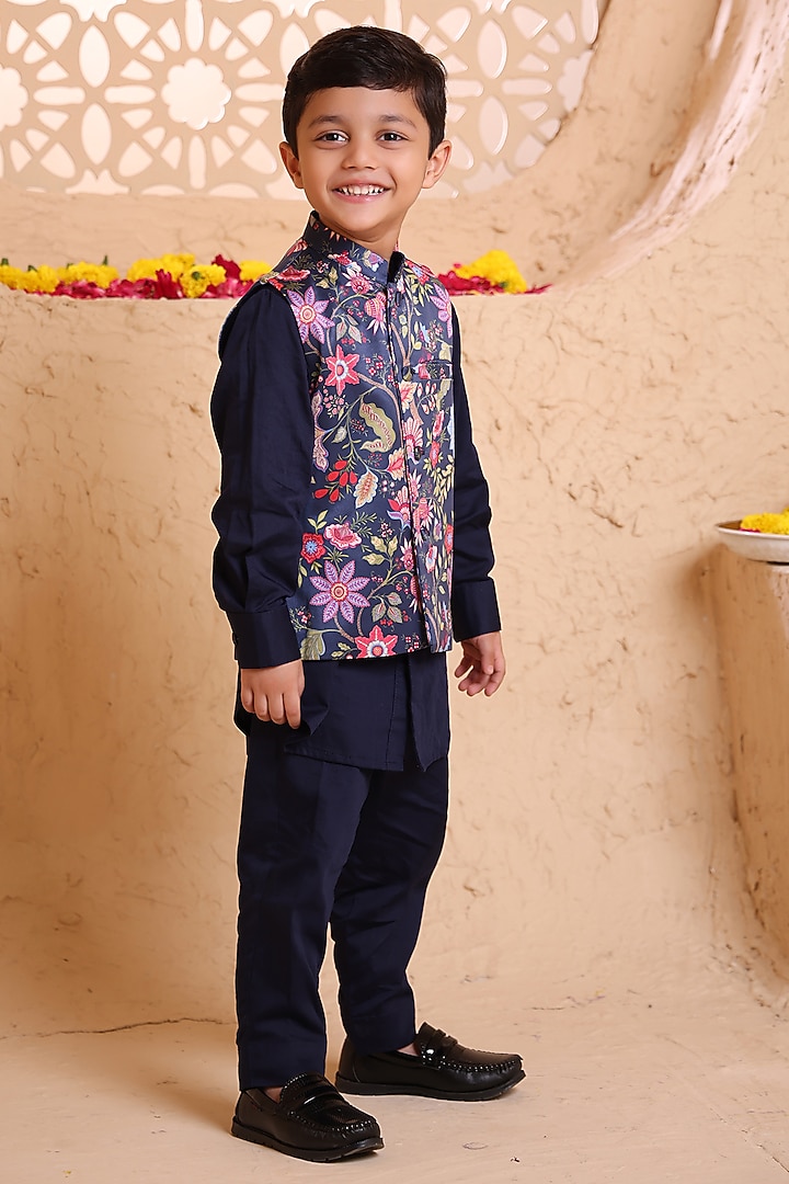 Navy Blue Modal Satin Printed Nehru Jacket Set For Boys by Tiny Town Studio at Pernia's Pop Up Shop