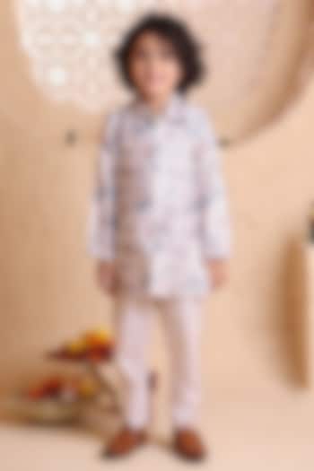 Cream Modal Satin Printed Kurta Set For Boys by Tiny Town Studio at Pernia's Pop Up Shop