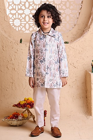 Cream Modal Satin Printed Kurta Set For Boys by Tiny Town Studio