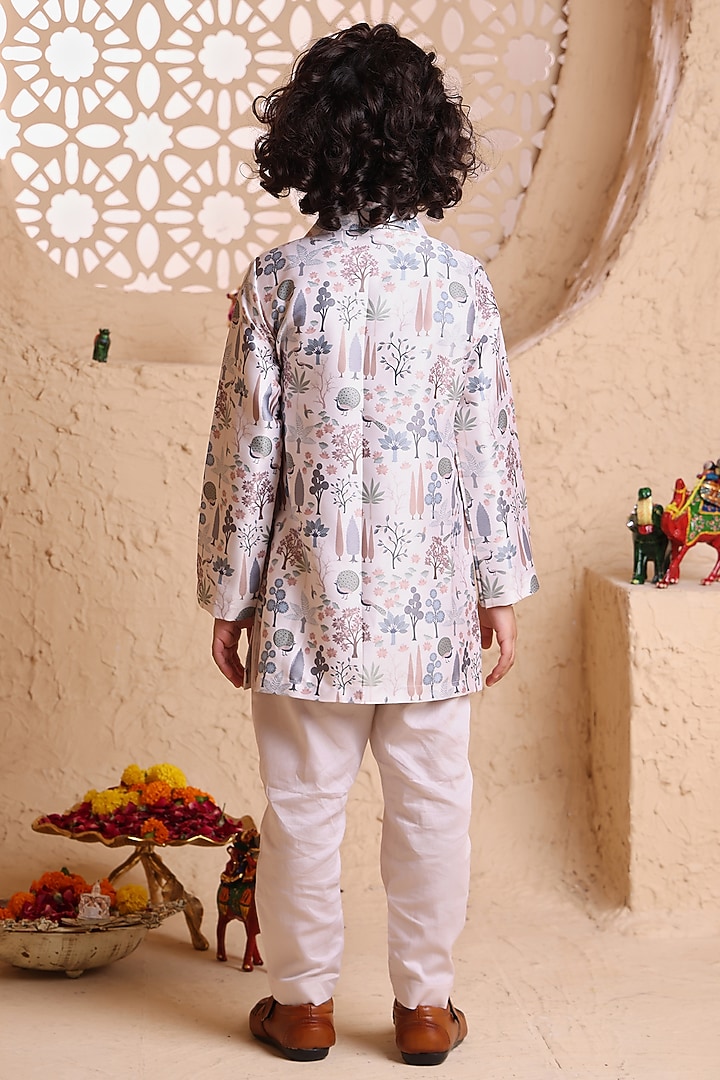Cream Modal Satin Printed Kurta Set For Boys by Tiny Town Studio at Pernia's Pop Up Shop