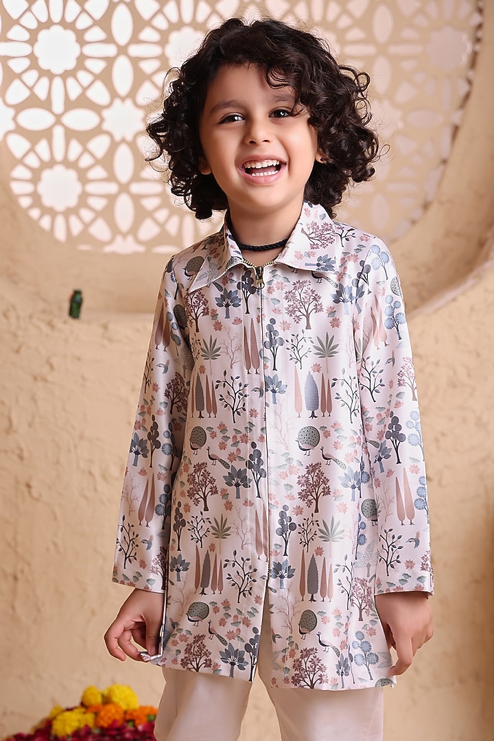 Cream Modal Satin Printed Kurta Set For Boys by Tiny Town Studio at Pernia's Pop Up Shop