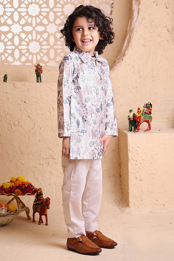 Cream Modal Satin Printed Kurta Set For Boys by Tiny Town Studio at Pernia's Pop Up Shop