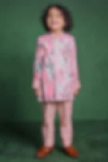 Pink Modal Satin Printed Kurta Set For Boys by Tiny Town Studio at Pernia's Pop Up Shop