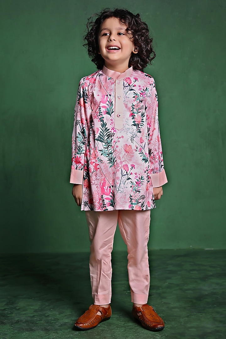 Pink Modal Satin Printed Kurta Set For Boys by Tiny Town Studio at Pernia's Pop Up Shop