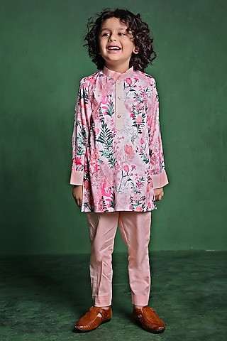 Pink Modal Satin Printed Kurta Set For Boys by Tiny Town Studio