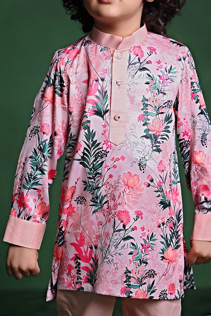 Pink Modal Satin Printed Kurta Set For Boys by Tiny Town Studio at Pernia's Pop Up Shop