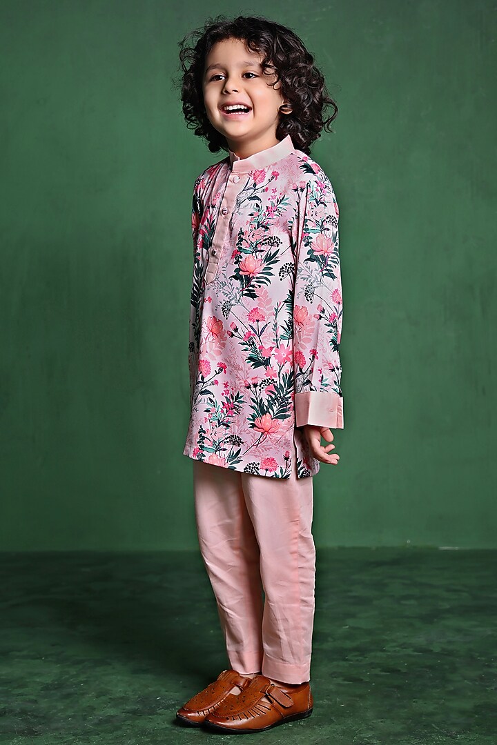 Pink Modal Satin Printed Kurta Set For Boys by Tiny Town Studio at Pernia's Pop Up Shop