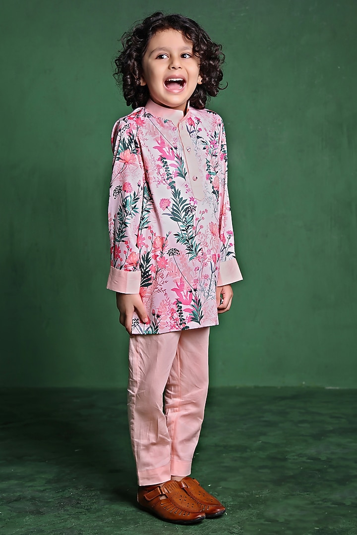 Pink Modal Satin Printed Kurta Set For Boys by Tiny Town Studio at Pernia's Pop Up Shop