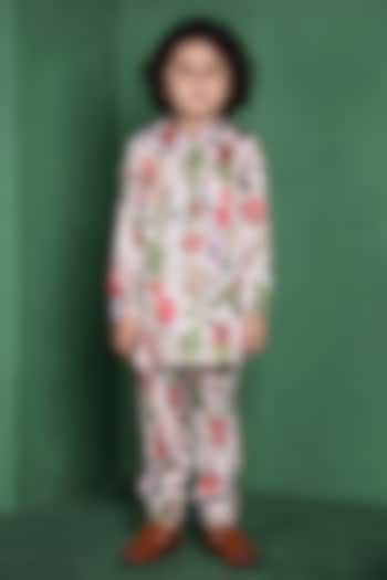 Cream Modal Satin Printed Kurta Set For Boys by Tiny Town Studio at Pernia's Pop Up Shop