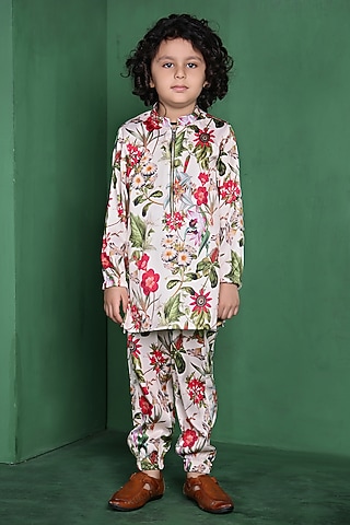 Cream Modal Satin Printed Kurta Set For Boys by Tiny Town Studio