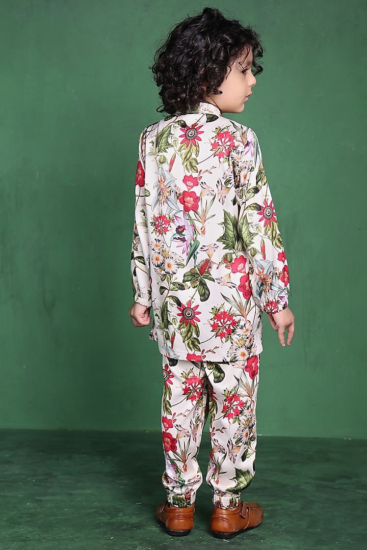 Cream Modal Satin Printed Kurta Set For Boys by Tiny Town Studio at Pernia's Pop Up Shop