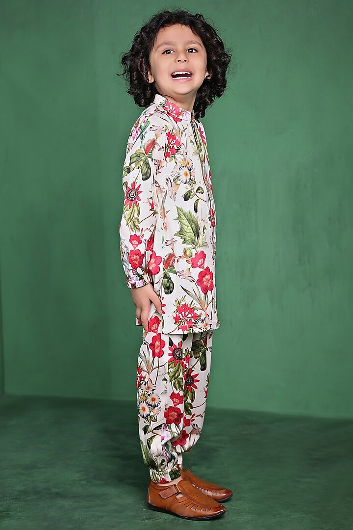 Cream Modal Satin Printed Kurta Set For Boys by Tiny Town Studio at Pernia's Pop Up Shop
