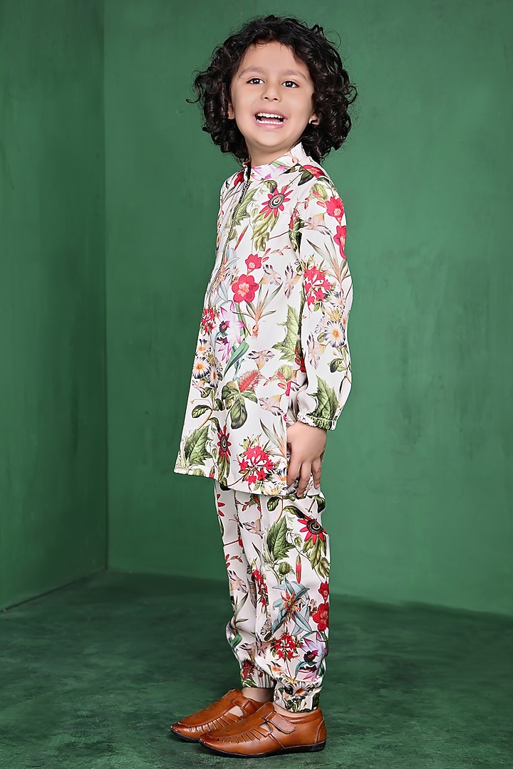 Cream Modal Satin Printed Kurta Set For Boys by Tiny Town Studio at Pernia's Pop Up Shop