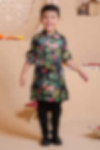 Black Modal Satin Printed Kurta Set For Boys by Tiny Town Studio at Pernia's Pop Up Shop