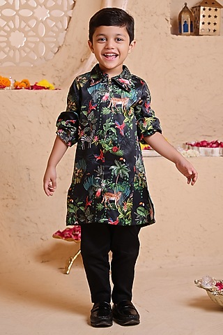 Black Modal Satin Printed Kurta Set For Boys by Tiny Town Studio
