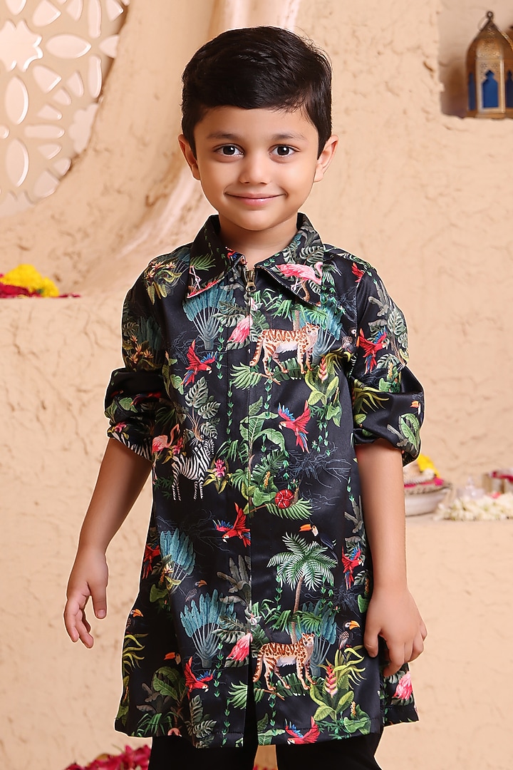 Black Modal Satin Printed Kurta Set For Boys by Tiny Town Studio at Pernia's Pop Up Shop