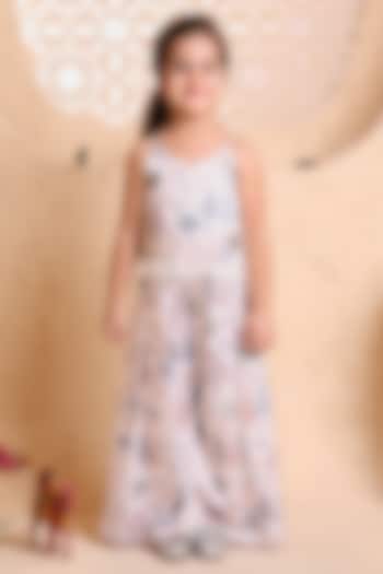 Cream Modal Satin Printed & Sequins Embellished Jumpsuit For Girls by Tiny Town Studio at Pernia's Pop Up Shop