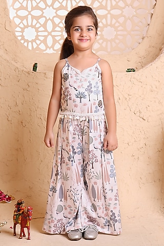Cream Modal Satin Printed & Sequins Embellished Jumpsuit For Girls by Tiny Town Studio