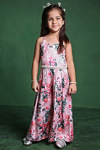 Pink Modal Satin Printed & Sequins Embellished Jumpsuit For Girls by Tiny Town Studio