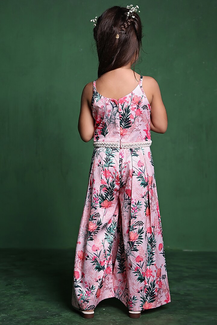 Pink Modal Satin Printed & Sequins Embellished Jumpsuit For Girls by Tiny Town Studio at Pernia's Pop Up Shop