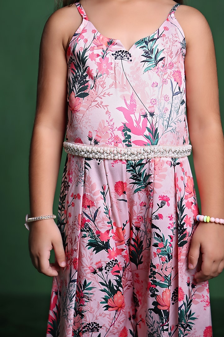 Pink Modal Satin Printed & Sequins Embellished Jumpsuit For Girls by Tiny Town Studio at Pernia's Pop Up Shop