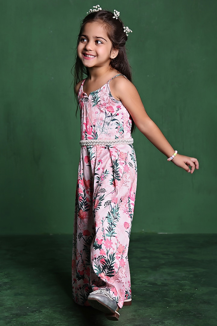 Pink Modal Satin Printed & Sequins Embellished Jumpsuit For Girls by Tiny Town Studio at Pernia's Pop Up Shop