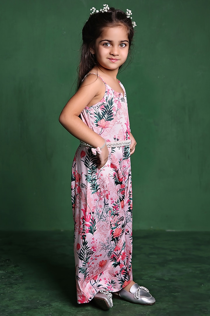 Pink Modal Satin Printed & Sequins Embellished Jumpsuit For Girls by Tiny Town Studio at Pernia's Pop Up Shop