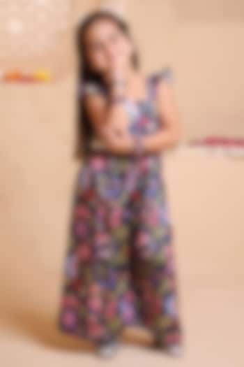 Navy Blue Modal Satin Printed & Sequins Embellished Jumpsuit For Girls by Tiny Town Studio at Pernia's Pop Up Shop