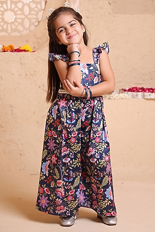 Navy Blue Modal Satin Printed & Sequins Embellished Jumpsuit For Girls by Tiny Town Studio