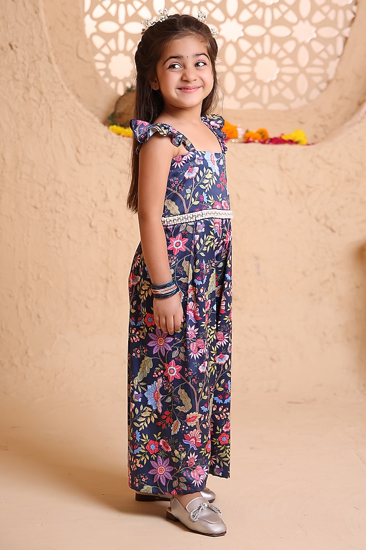 Navy Blue Modal Satin Printed & Sequins Embellished Jumpsuit For Girls by Tiny Town Studio at Pernia's Pop Up Shop
