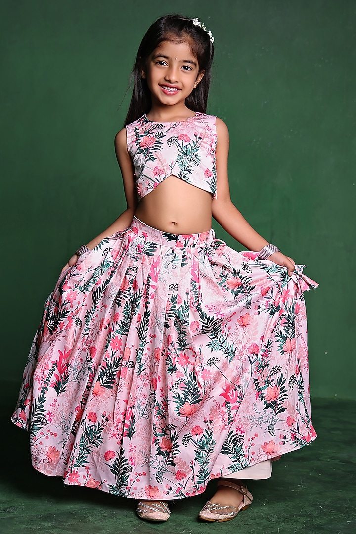 Pink Modal Satin Sequins Embroidered & Printed Lehenga Set For Girls by Tiny Town Studio at Pernia's Pop Up Shop