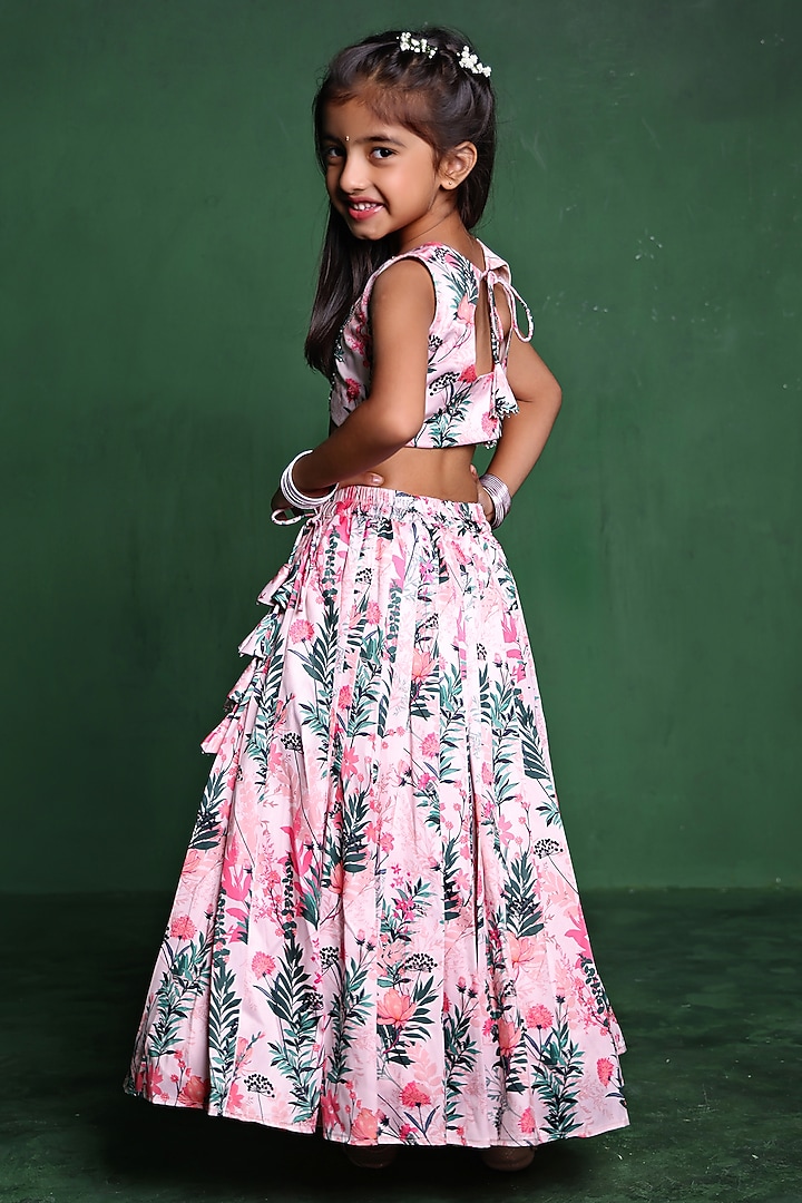 Pink Modal Satin Sequins Embroidered & Printed Lehenga Set For Girls by Tiny Town Studio at Pernia's Pop Up Shop