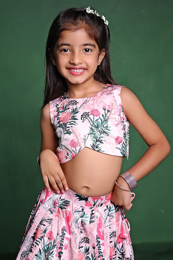 Pink Modal Satin Sequins Embroidered & Printed Lehenga Set For Girls by Tiny Town Studio at Pernia's Pop Up Shop