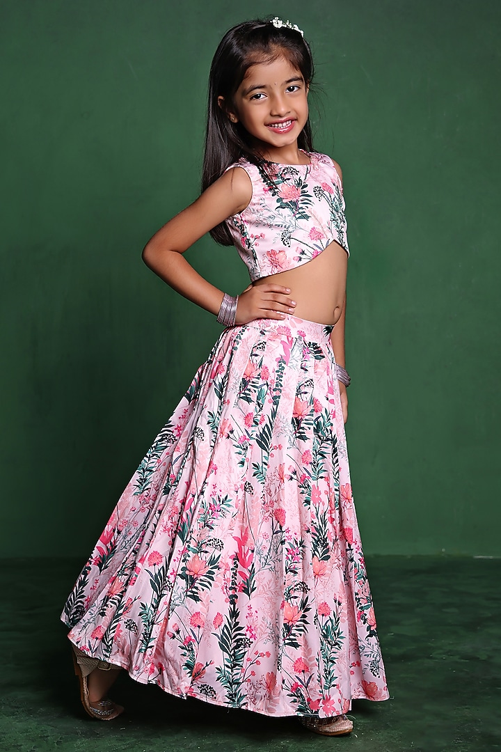 Pink Modal Satin Sequins Embroidered & Printed Lehenga Set For Girls by Tiny Town Studio at Pernia's Pop Up Shop