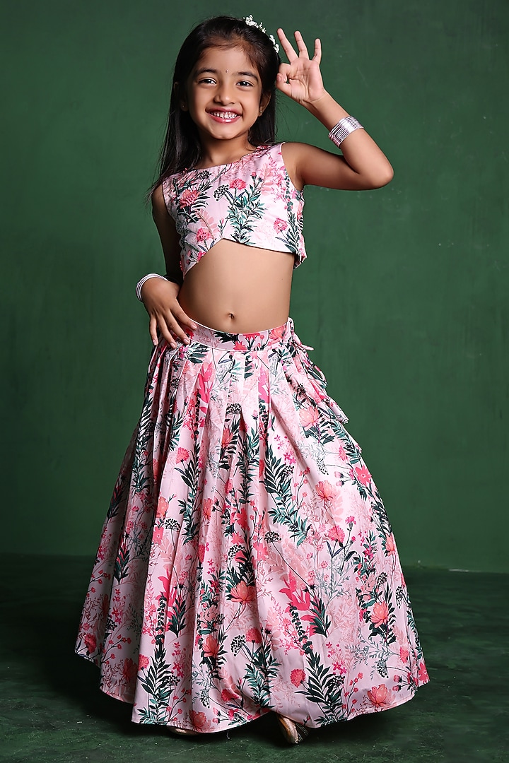 Pink Modal Satin Sequins Embroidered & Printed Lehenga Set For Girls by Tiny Town Studio at Pernia's Pop Up Shop