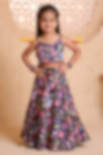 Navy Blue Modal Satin Sequins Embroidered & Printed Lehenga Set For Girls by Tiny Town Studio at Pernia's Pop Up Shop