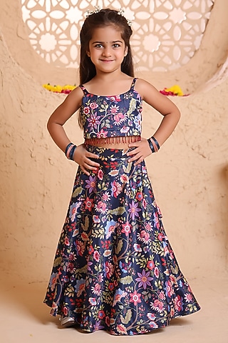 Navy Blue Modal Satin Sequins Embroidered & Printed Lehenga Set For Girls by Tiny Town Studio
