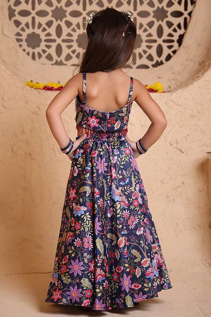 Navy Blue Modal Satin Sequins Embroidered & Printed Lehenga Set For Girls by Tiny Town Studio at Pernia's Pop Up Shop