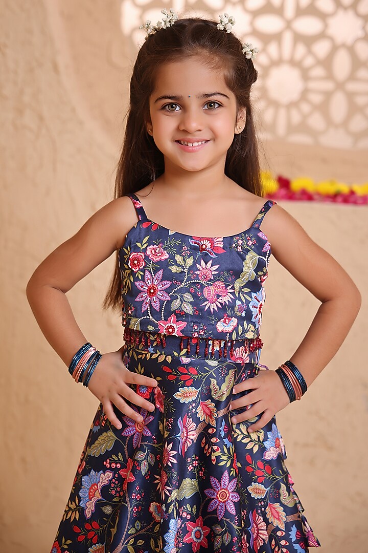 Navy Blue Modal Satin Sequins Embroidered & Printed Lehenga Set For Girls by Tiny Town Studio at Pernia's Pop Up Shop